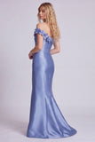 Blue Off the Shoulder Floral Mermaid Long Evening Dress