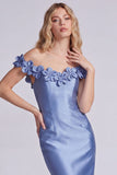 Blue Off the Shoulder Floral Mermaid Long Evening Dress