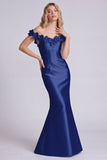 Blue Off the Shoulder Floral Mermaid Long Evening Dress