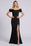 Navy Off the Shoulder Floral Evening Dress with Slit