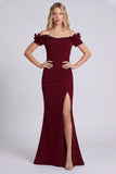 Navy Off the Shoulder Floral Evening Dress with Slit