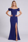 Navy Off the Shoulder Floral Evening Dress with Slit