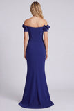 Navy Off the Shoulder Floral Evening Dress with Slit