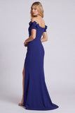 Navy Off the Shoulder Floral Evening Dress with Slit