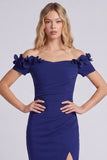 Navy Off the Shoulder Floral Evening Dress with Slit
