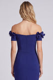 Navy Off the Shoulder Floral Evening Dress with Slit