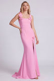 Pink Square Neck Mermaid Evening Dress with 3D Flowers