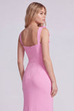 Pink Square Neck Mermaid Evening Dress with 3D Flowers