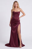 Burgundy Strapless Mermaid Corset Evening Dress with Slit