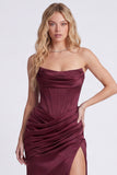 Burgundy Strapless Mermaid Corset Evening Dress with Slit