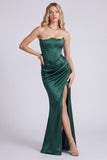 Dark Green Strapless Mermaid Evening Dress with Slit