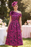 Fuchsia Asymmetrical Neck A Line Midi Mother of the Bride Dress with 3D Flower