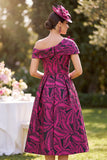Fuchsia Asymmetrical Neck A Line Midi Mother of the Bride Dress with 3D Flower