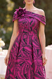 Fuchsia Asymmetrical Neck A Line Midi Mother of the Bride Dress with 3D Flower
