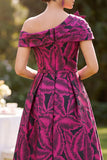Fuchsia Asymmetrical Neck A Line Midi Mother of the Bride Dress with 3D Flower