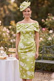 Floral Green Off the Shoulder Sheath Midi Mum of the Bride Dress with Back Slit