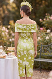 Floral Green Off the Shoulder Sheath Midi Mum of the Bride Dress with Back Slit