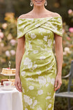 Floral Green Off the Shoulder Sheath Midi Mum of the Bride Dress with Back Slit