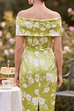 Floral Green Off the Shoulder Sheath Midi Mum of the Bride Dress with Back Slit
