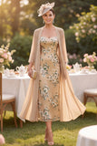 Champagne Sweetheart Sheath Floral Midi Mum of the Bride Dress with Cape