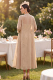 Champagne Sweetheart Sheath Floral Midi Mum of the Bride Dress with Cape