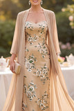 Champagne Sweetheart Sheath Floral Midi Mum of the Bride Dress with Cape