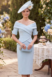 Off the Shoulder Blue Sheath Midi Mum of the Bride Dress with Back Slit