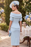 Off the Shoulder Blue Sheath Midi Mum of the Bride Dress with Back Slit