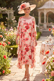 Red Floral Chiffon Midi Mother of the Bride Dress with Cape