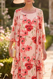 Red Floral Chiffon Midi Mother of the Bride Dress with Cape