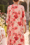 Red Floral Chiffon Midi Mother of the Bride Dress with Cape