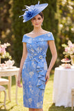 Off the Shoulder Floral Blue Pencil Midi Mum of the Bride Dress with Sash