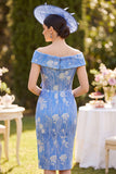 Off the Shoulder Floral Blue Pencil Midi Mum of the Bride Dress with Sash