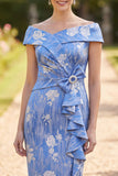 Off the Shoulder Floral Blue Pencil Midi Mum of the Bride Dress with Sash