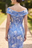 Off the Shoulder Floral Blue Pencil Midi Mum of the Bride Dress with Sash