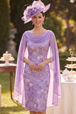 Purple Cowl Neck Sequin Floral Sheath Midi Mum of the Bride Dress with Cape