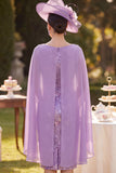 Purple Cowl Neck Sequin Floral Sheath Midi Mum of the Bride Dress with Cape
