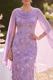 Purple Cowl Neck Sequin Floral Sheath Midi Mum of the Bride Dress with Cape
