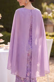 Purple Cowl Neck Sequin Floral Sheath Midi Mum of the Bride Dress with Cape
