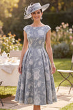 Floral Grey Bateau Neck A Line Midi Mother of the Bride Dress