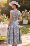 Floral Grey Bateau Neck A Line Midi Mother of the Bride Dress