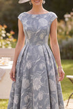 Floral Grey Bateau Neck A Line Midi Mother of the Bride Dress