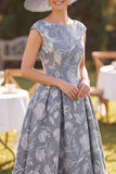Floral Grey Bateau Neck A Line Midi Mother of the Bride Dress