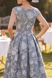 Floral Grey Bateau Neck A Line Midi Mother of the Bride Dress
