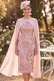 Sparkly Pink Bateau Neck Sheath Midi Mother of the Bride Dress with Cape