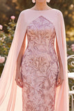 Sparkly Pink Bateau Neck Sheath Midi Mother of the Bride Dress with Cape