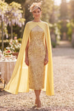 Sparkly Pink Bateau Neck Sheath Midi Mother of the Bride Dress with Cape
