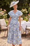 Blue Floral V-Neck A Line Midi Mother of the Bride Dress