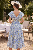 Blue Floral V-Neck A Line Midi Mother of the Bride Dress