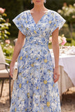 Blue Floral V-Neck A Line Midi Mother of the Bride Dress